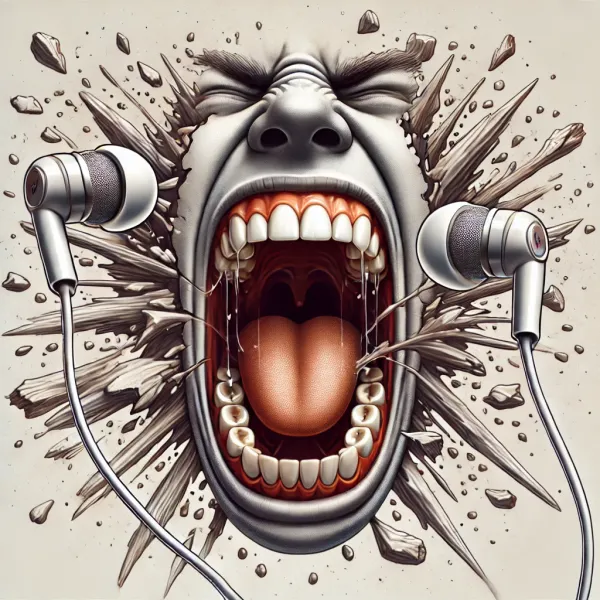 A pair of earbuds exploding while a mouth is screaming at them in anger, in digital art style.